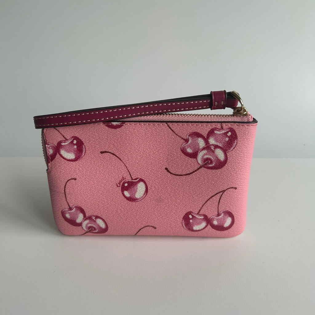 Coach Corner Zip Wristlet Flower Pink Cherry Print Canvas Bag CR819