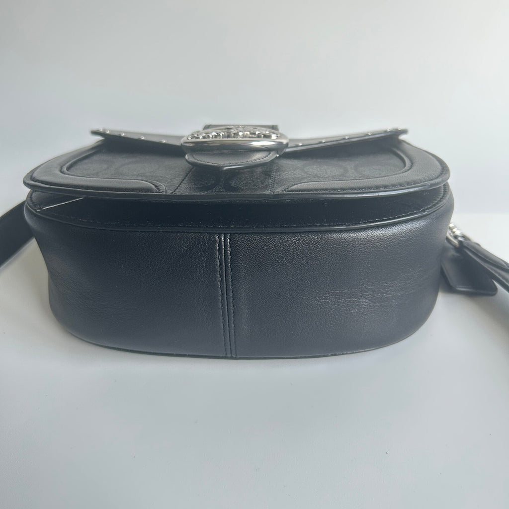 Coach Georgie Saddle Bag Black Colorblock Canvas Leather Rivets C3593