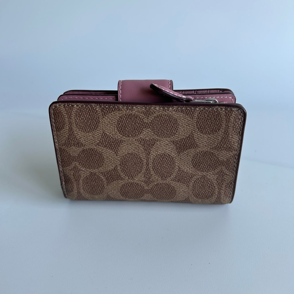 Coach Medium Corner Zip Wallet Brown Pink Signature Canvas Wallet C0082
