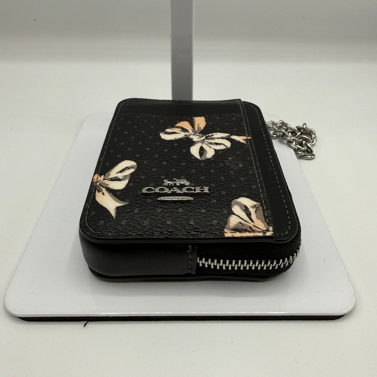 Coach Zip Card Case Black Multi Bow Print Canvas Leather Wallet CZ466