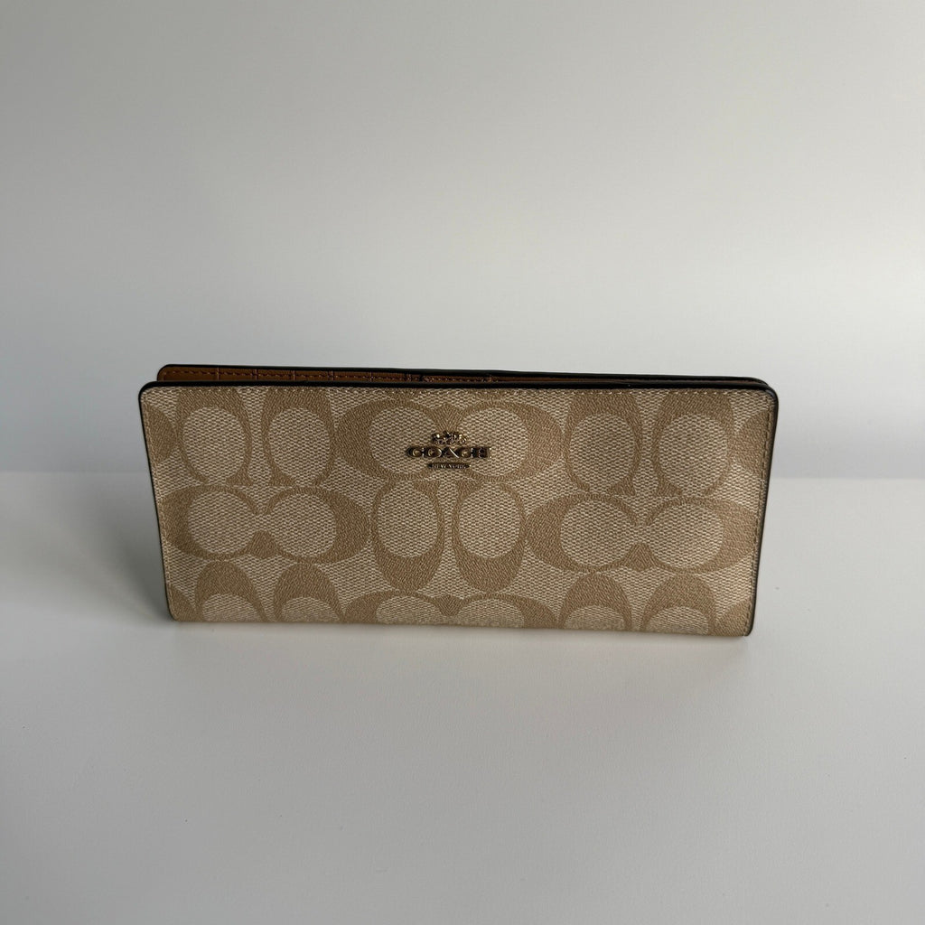 Coach Slim Wallet Khaki Signature Canvas Smooth Leather C3549