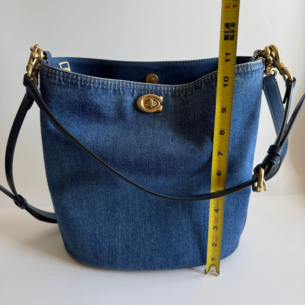 Coach Willow Bucket Bag Navy Blue Denim Leather Shoulder Crossbody CAT44