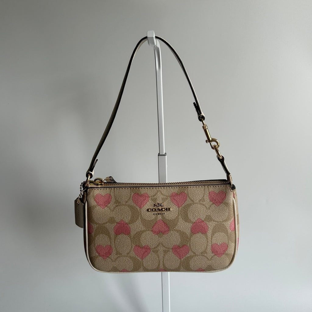 Coach Nolita 19 Pink Heart Khaki Signature Canvas Mini Shoulder Bag CQ144