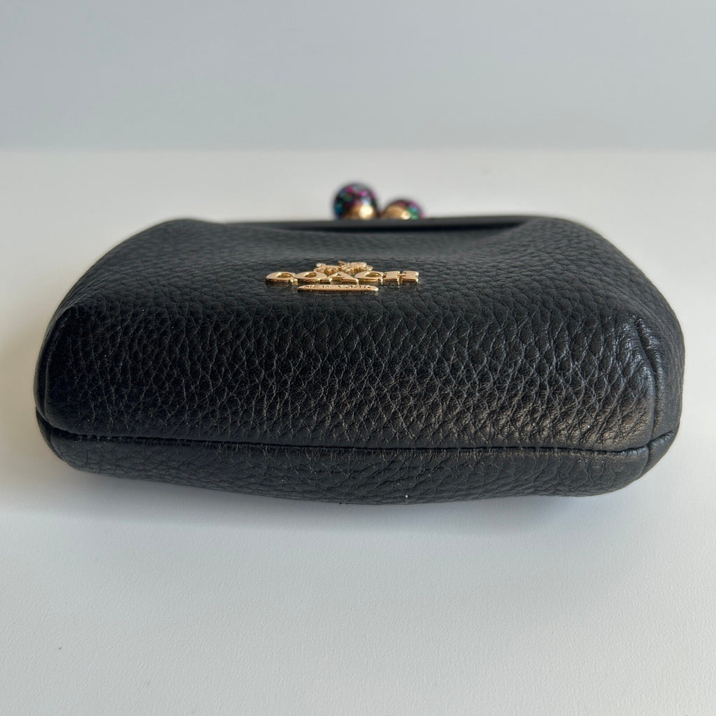Coach Nora Kisslock Card Case Black Leather Glitter Wallet C2132