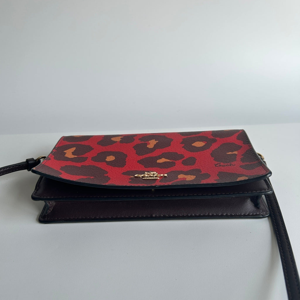 Coach Anna Foldover Red Leopard Print Leather Crossbody Clutch Bag 7301