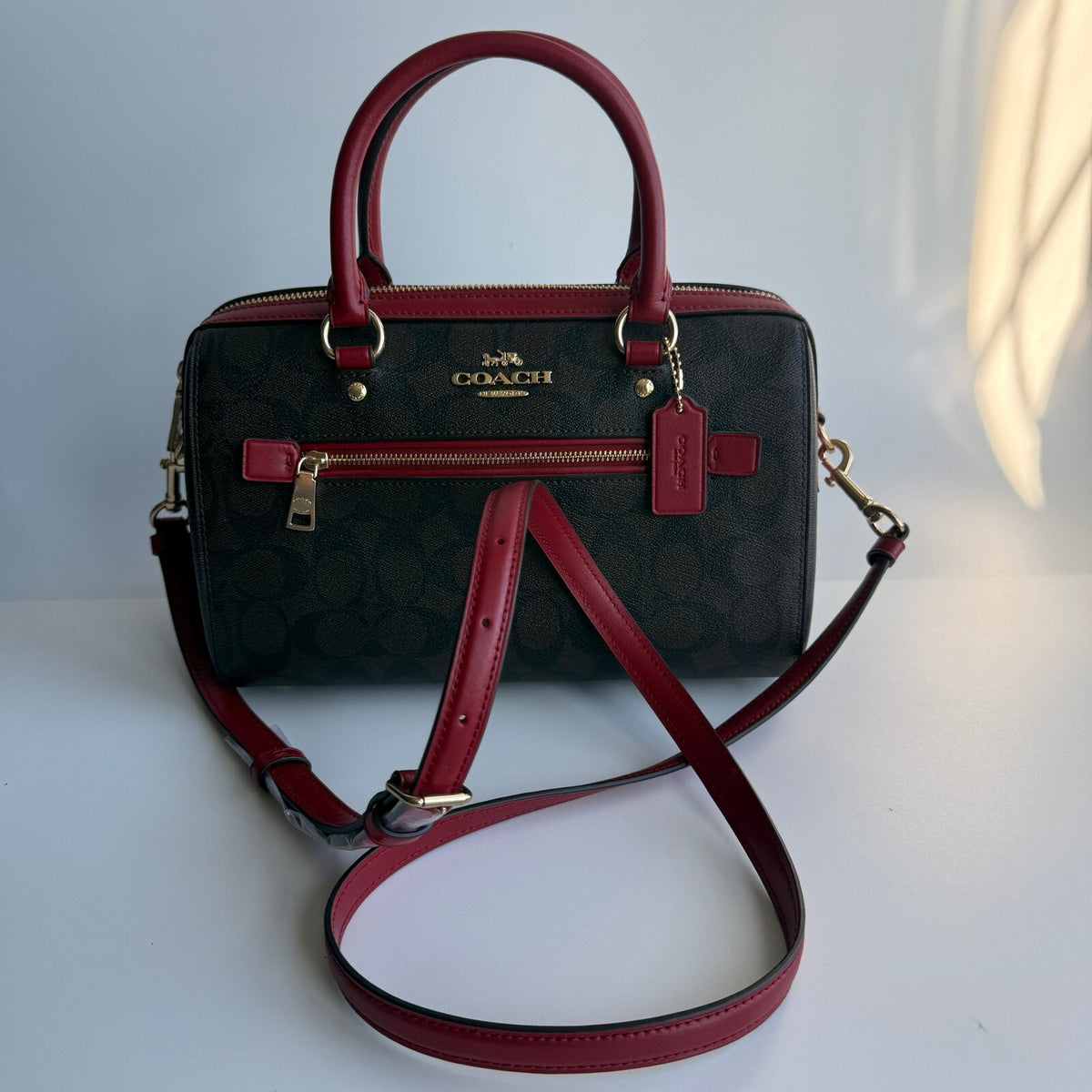 Coach Rowan Satchel Brown True Red Signature Canvas Bag F83607