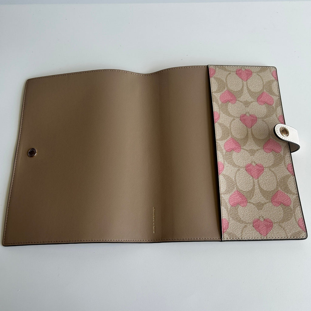 Coach Notebook Cover Pink Heart Khaki Signature Canvas Snap Closure CP378