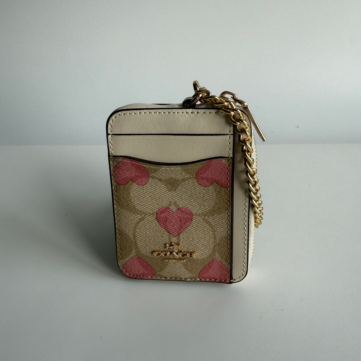 Coach Zip Card Case Light Khaki Signature Canvas Heart Print Wallet CP467