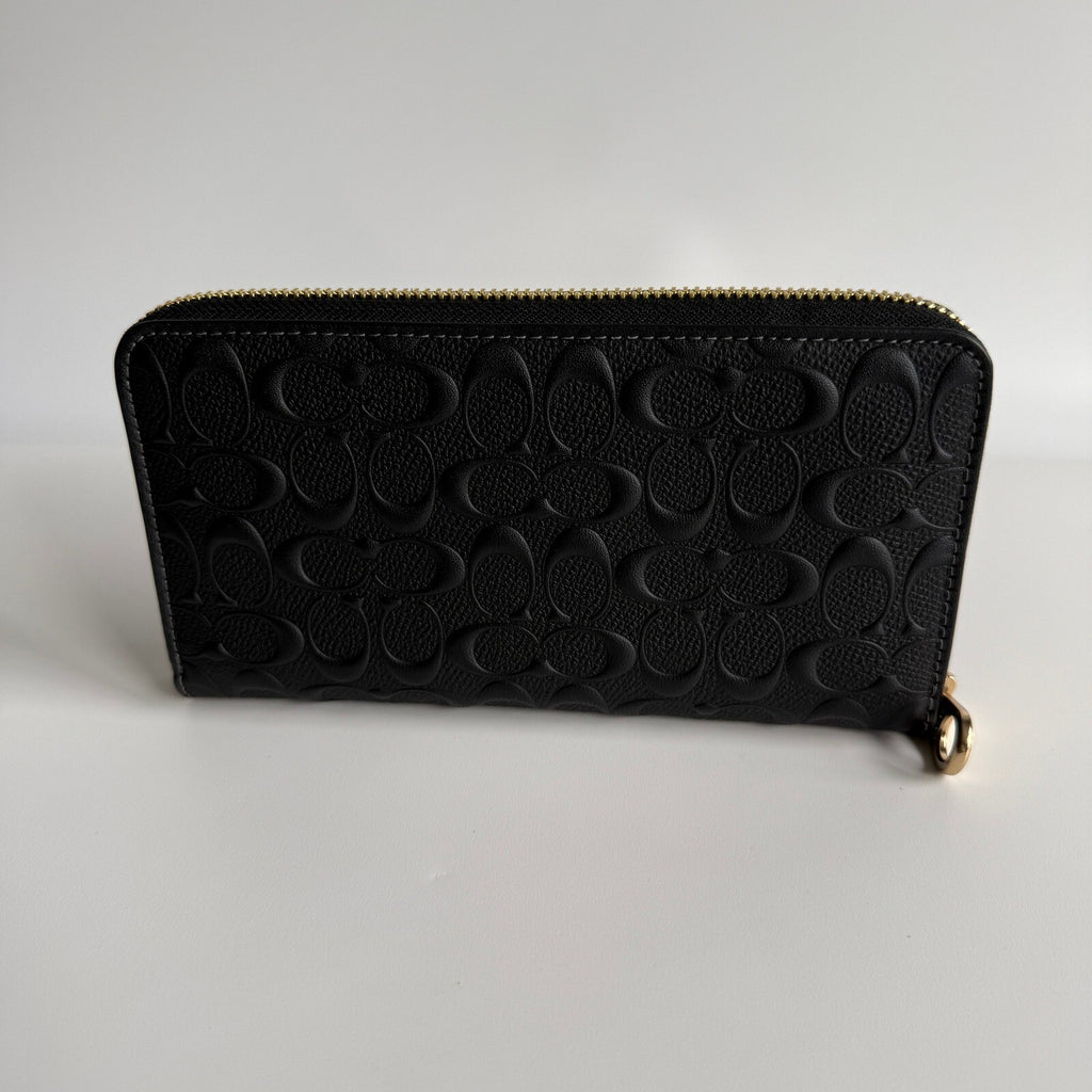 Coach Long Zip Around Black Signature Embossed Leather Wallet CEW21