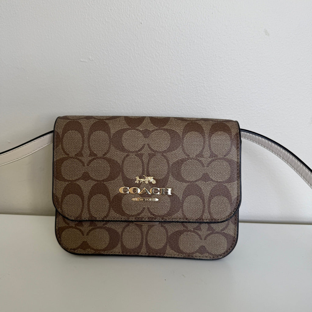 Coach Mini Brynn Flap Crossbody Bag Khaki Chalk Signature Canvas C5592
