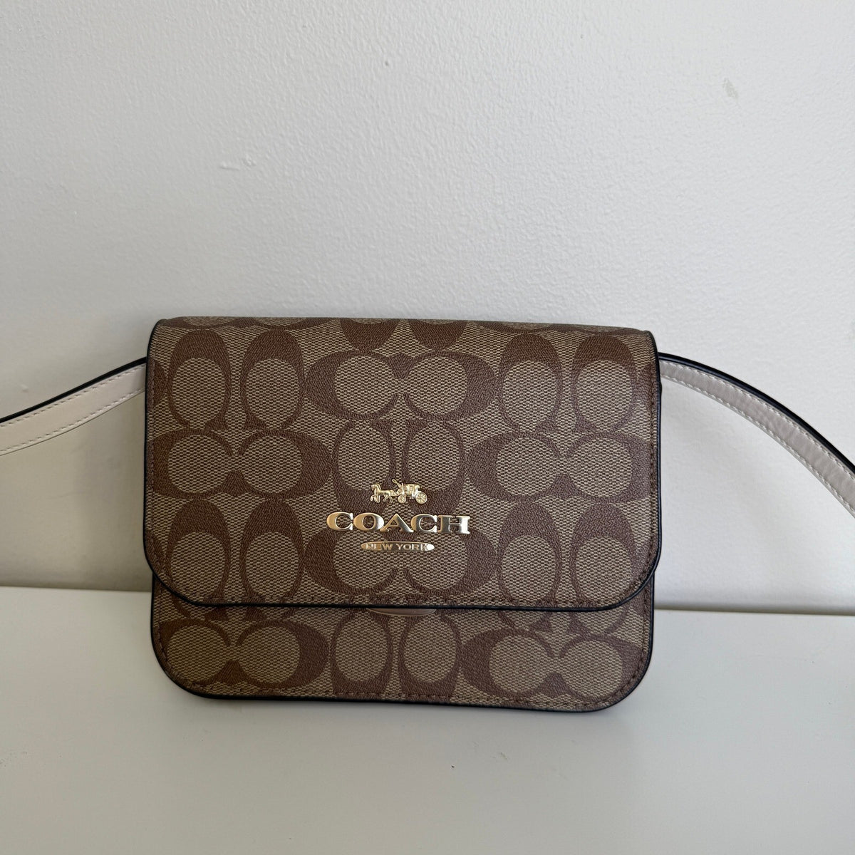 Coach Mini Brynn Flap Crossbody Bag Khaki Chalk Signature Canvas C5592