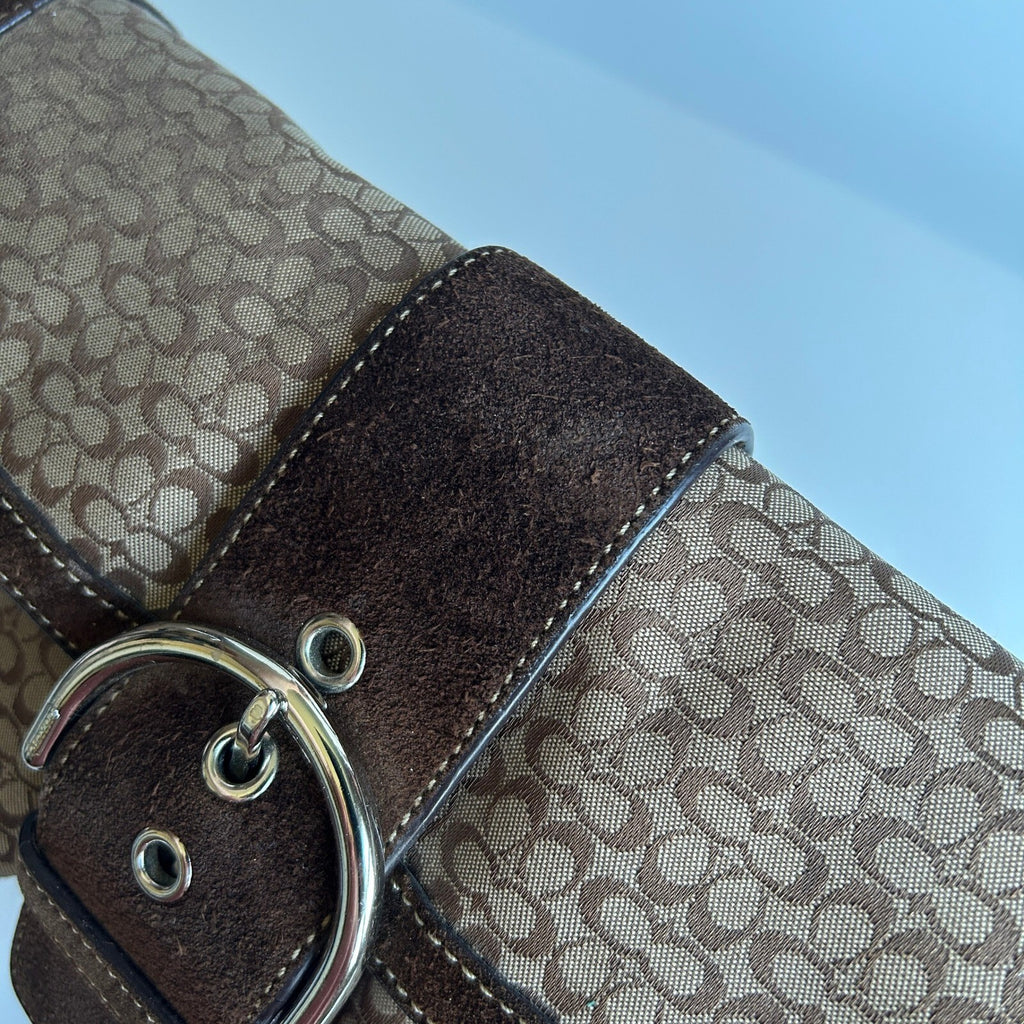 Coach Soho Brown Signature Canvas Suede Flap Bag F10925