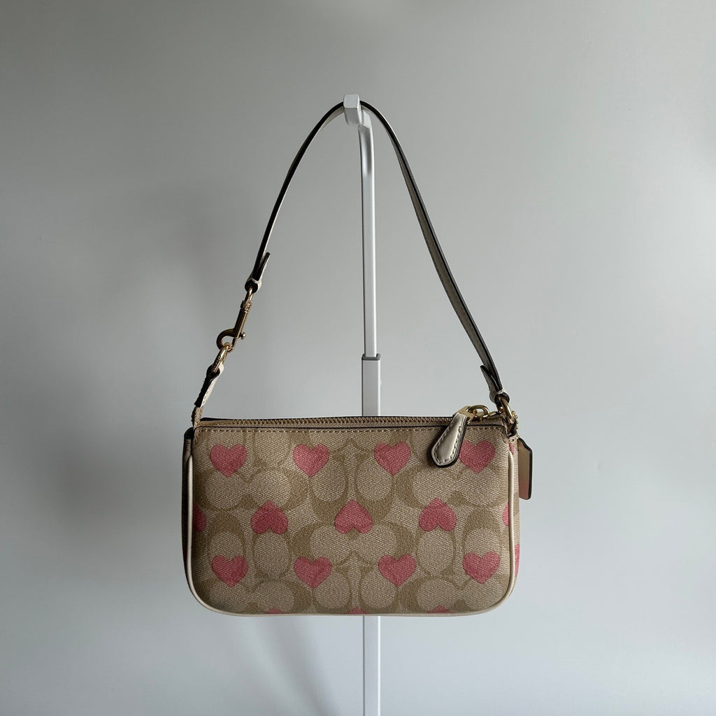 Coach Nolita 19 Pink Heart Khaki Signature Canvas Mini Shoulder Bag CQ144