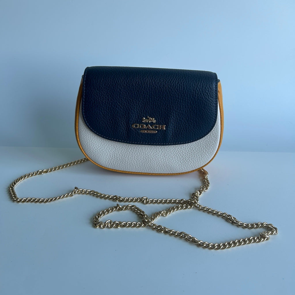 Coach Saddle Belt Bag Yellow Blue White Colorblock Leather Purse C6951