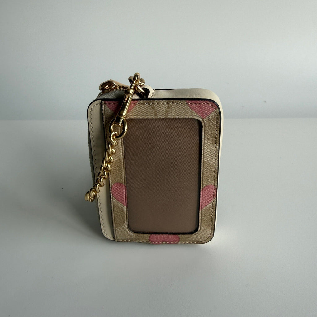 Coach Zip Card Case Light Khaki Signature Canvas Heart Print Wallet CP467