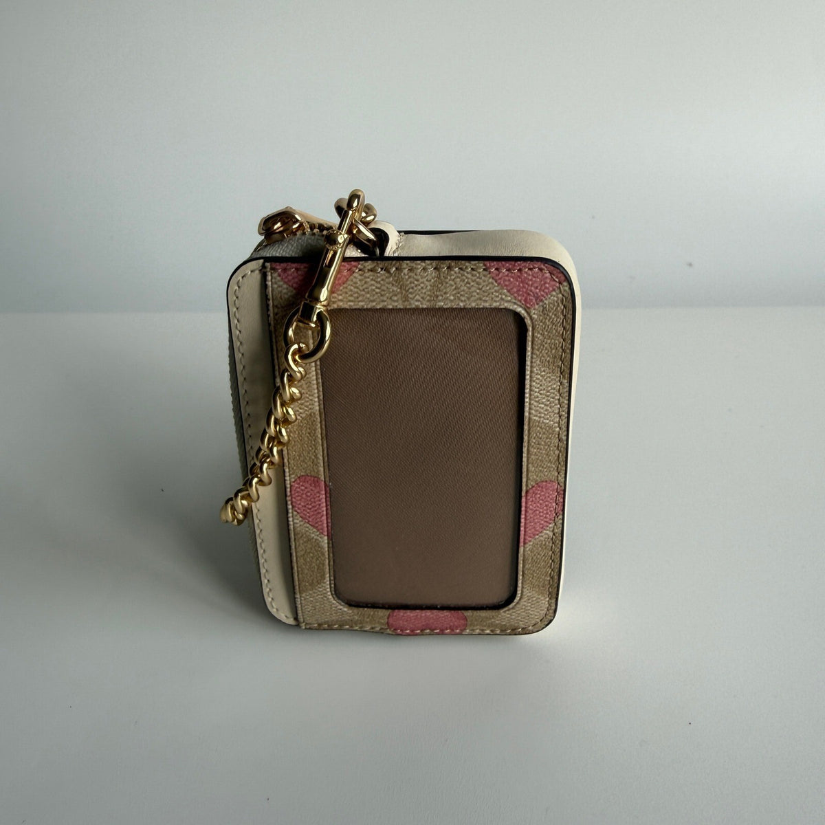 Coach Zip Card Case Light Khaki Signature Canvas Heart Print Wallet CP467