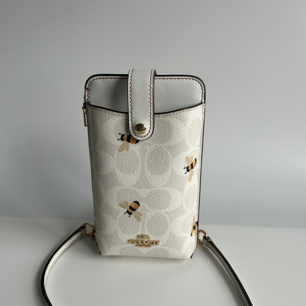 Coach Phone Crossbody Chalk White Signature Canvas Bee Print C8672