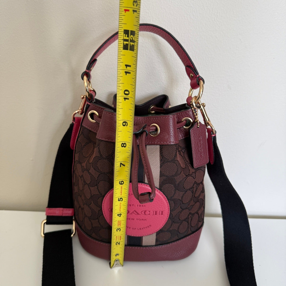 Coach Mini Dempsey Bucket Bag Pink Signature Jacquard Stripe Patch C8322