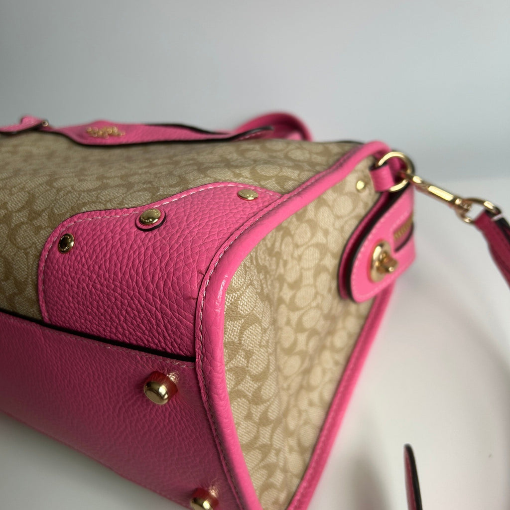 Coach Millie Satchel Light Khaki Petunia Pink Signature Canvas Bag CE637