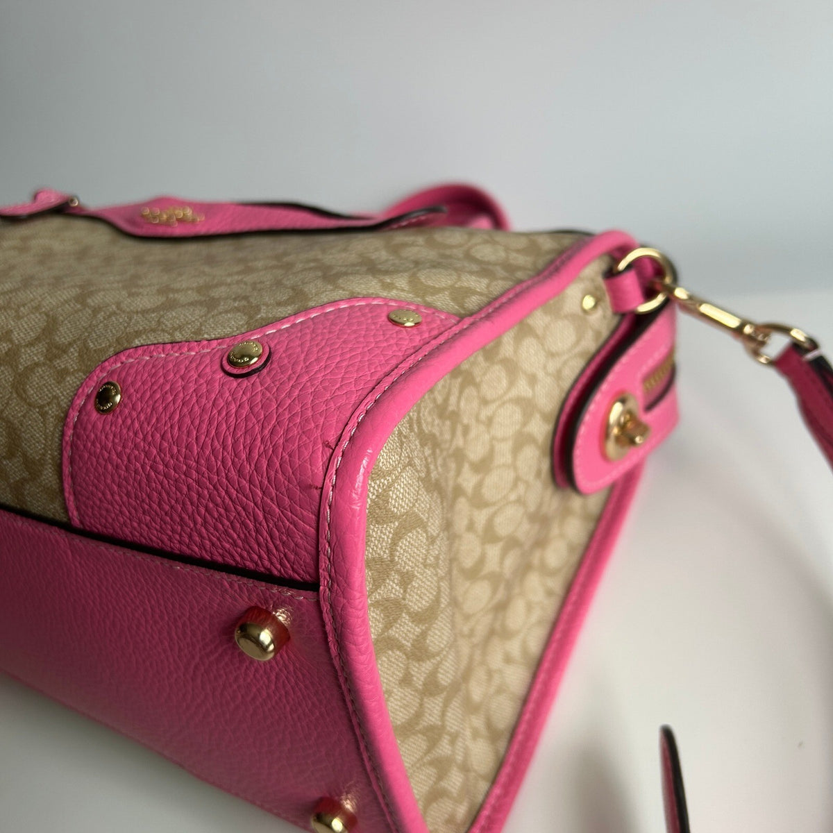 Coach Millie Satchel Light Khaki Petunia Pink Signature Canvas Bag CE637