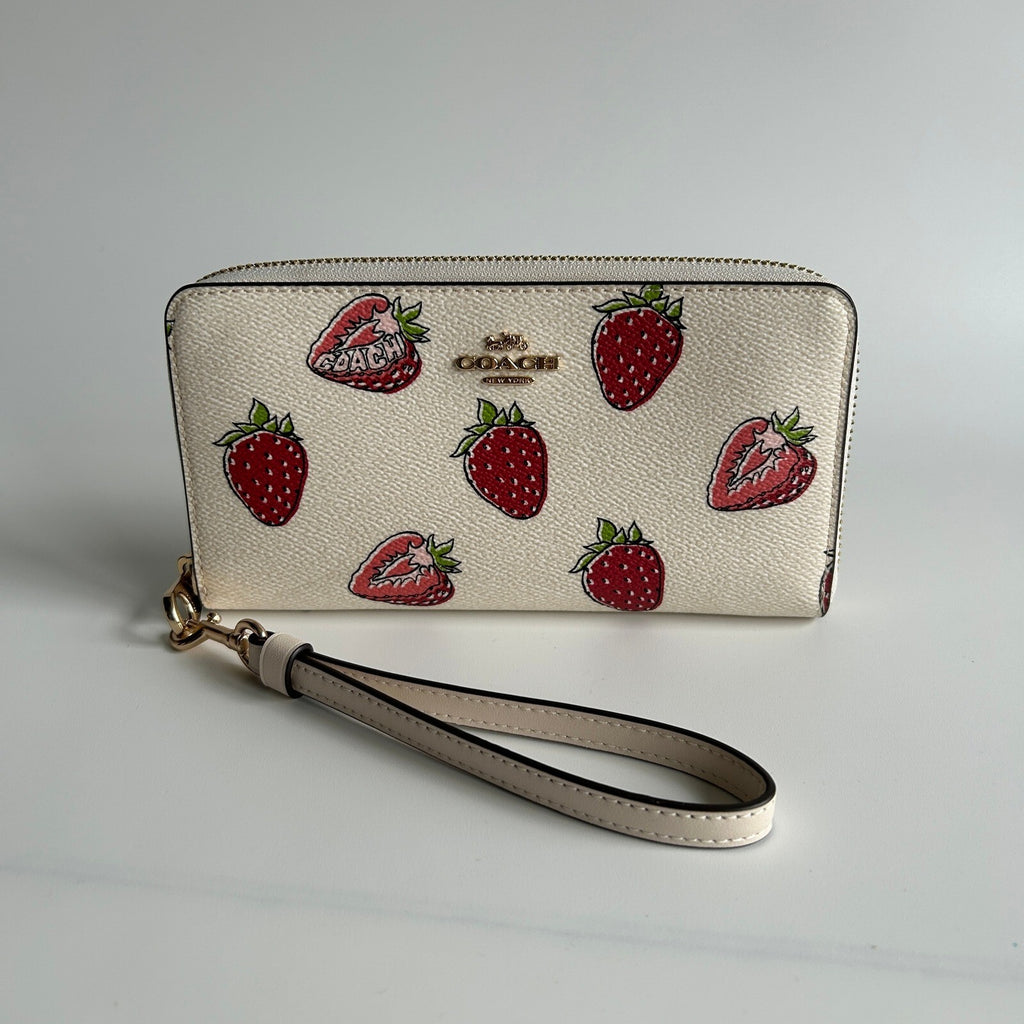 Coach Strawberry Print Chalk Multi Coated Canvas Zip Around Wallet CA090