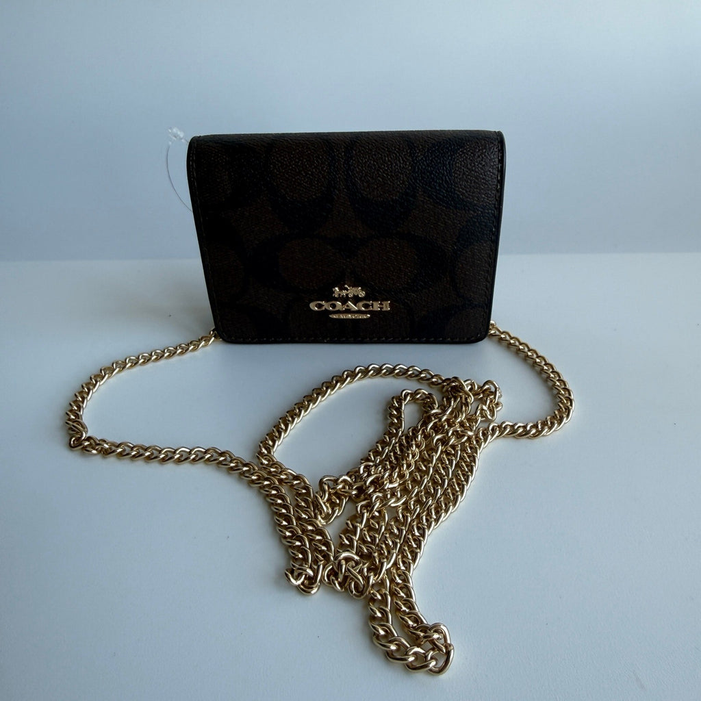 Coach Mini Wallet On A Chain Brown Black Signature Canvas Crossbody C0059