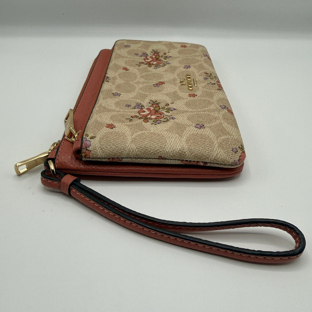 Coach Double Zip Wristlet Wallet Floral Sand Multi Signature Canvas CAY49