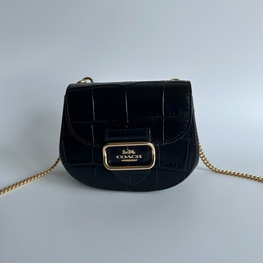 Coach Morgan Mini Wallet Card Case on a Chain Black Croc Embossed Leather CN379