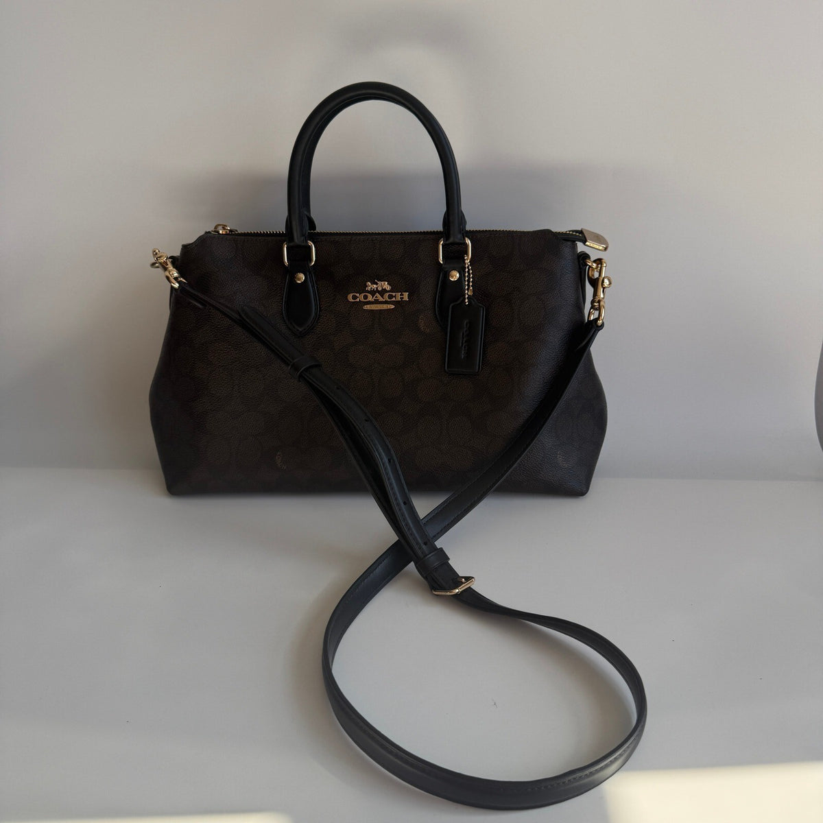 Coach Georgia Satchel Walnut Black Signature Canvas Bag CW422