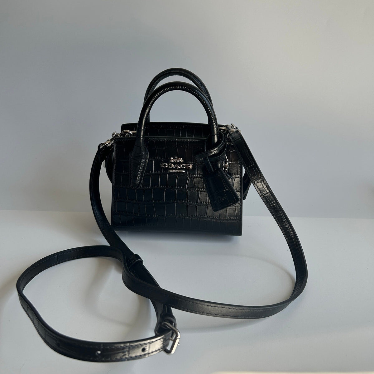 Coach Andrea Mini Carryall Black Croc Embossed Leather Satchel CR209