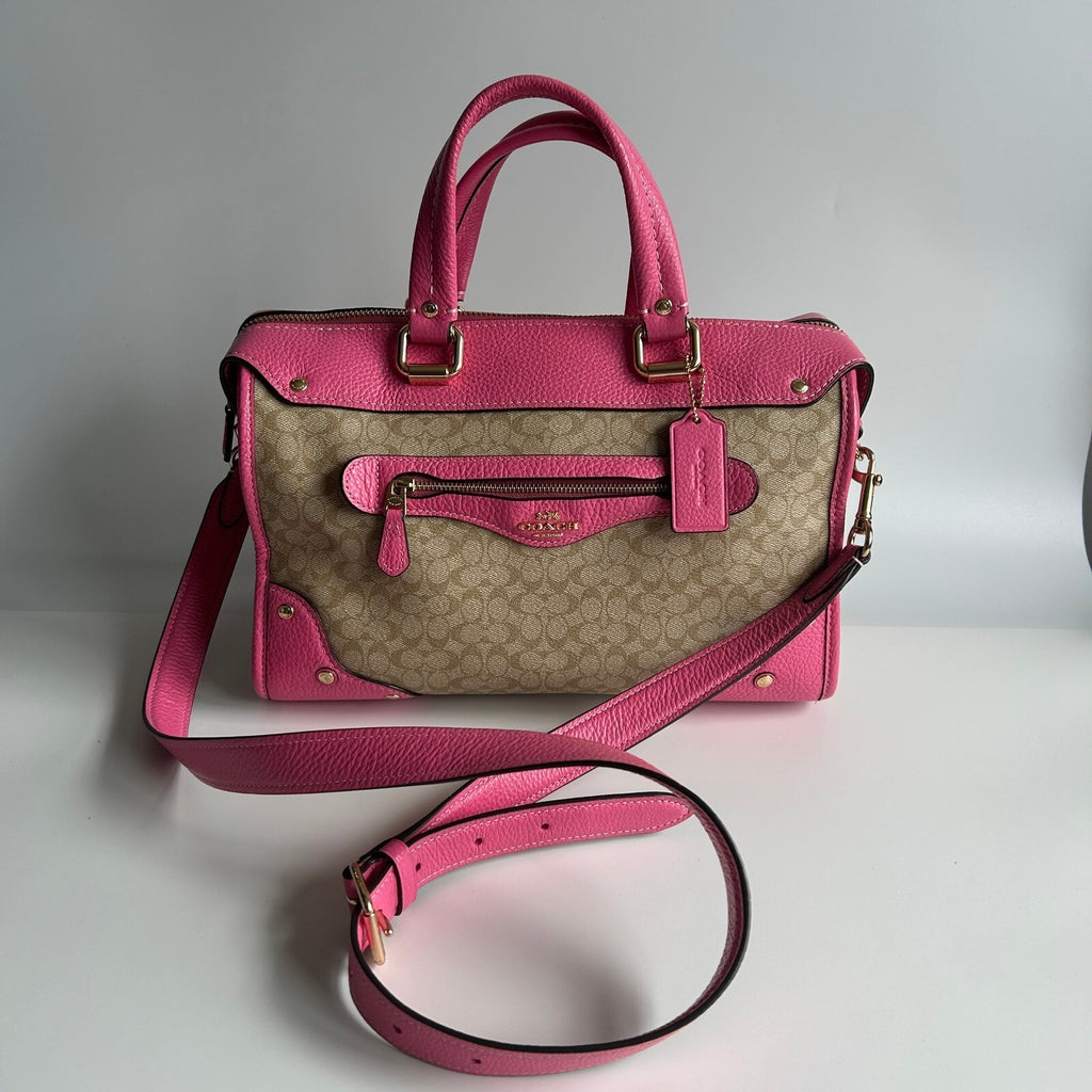 Coach Millie Satchel Light Khaki Petunia Pink Signature Canvas Bag CE637