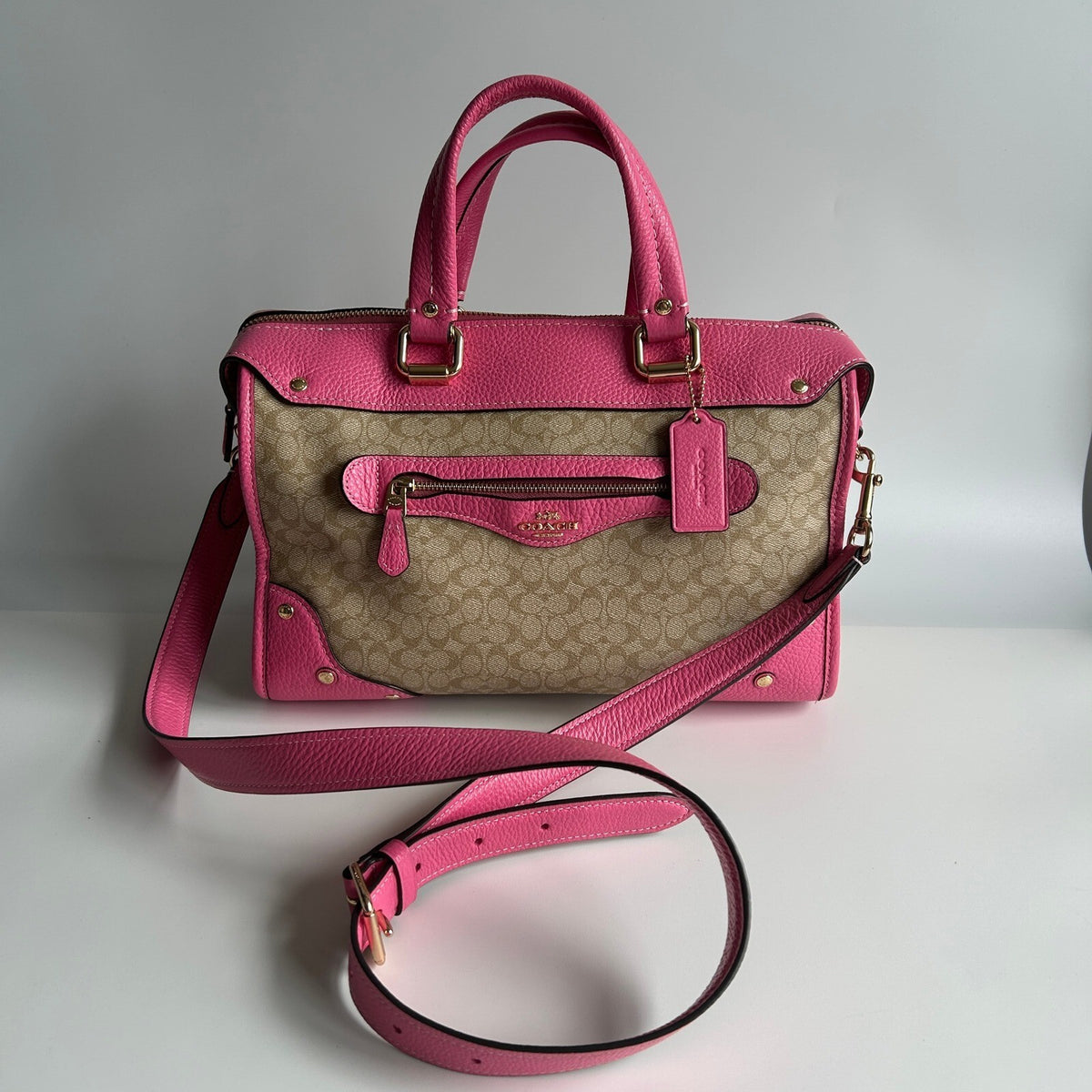 Coach Millie Satchel Light Khaki Petunia Pink Signature Canvas Bag CE637