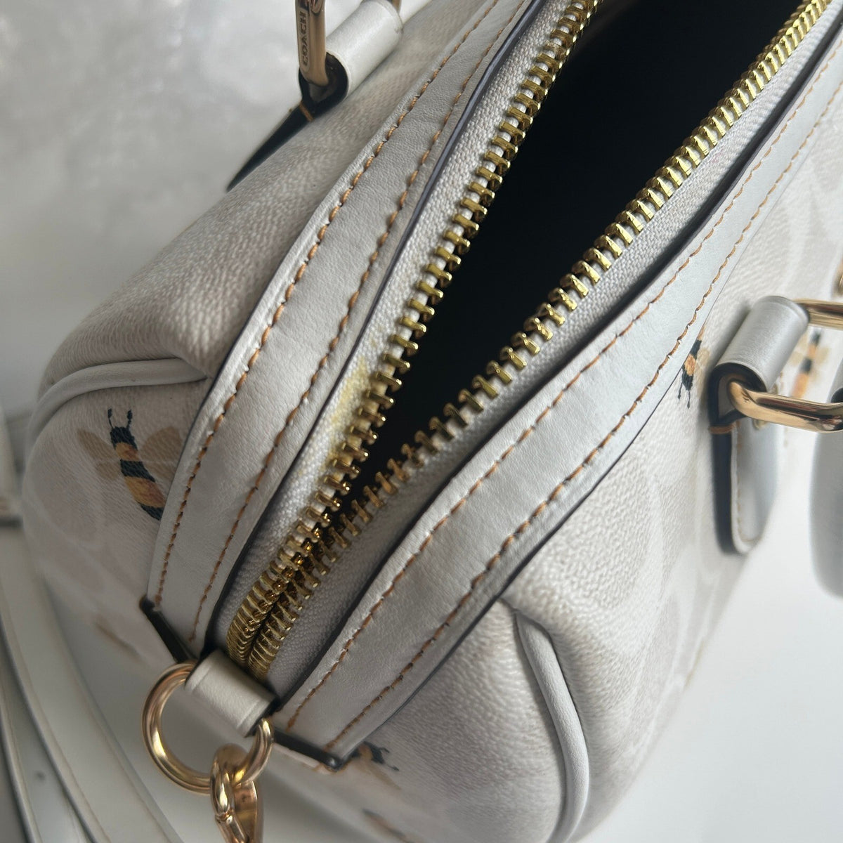 Coach Rowan Satchel Glacier White Signature Canvas Bee Print C8591