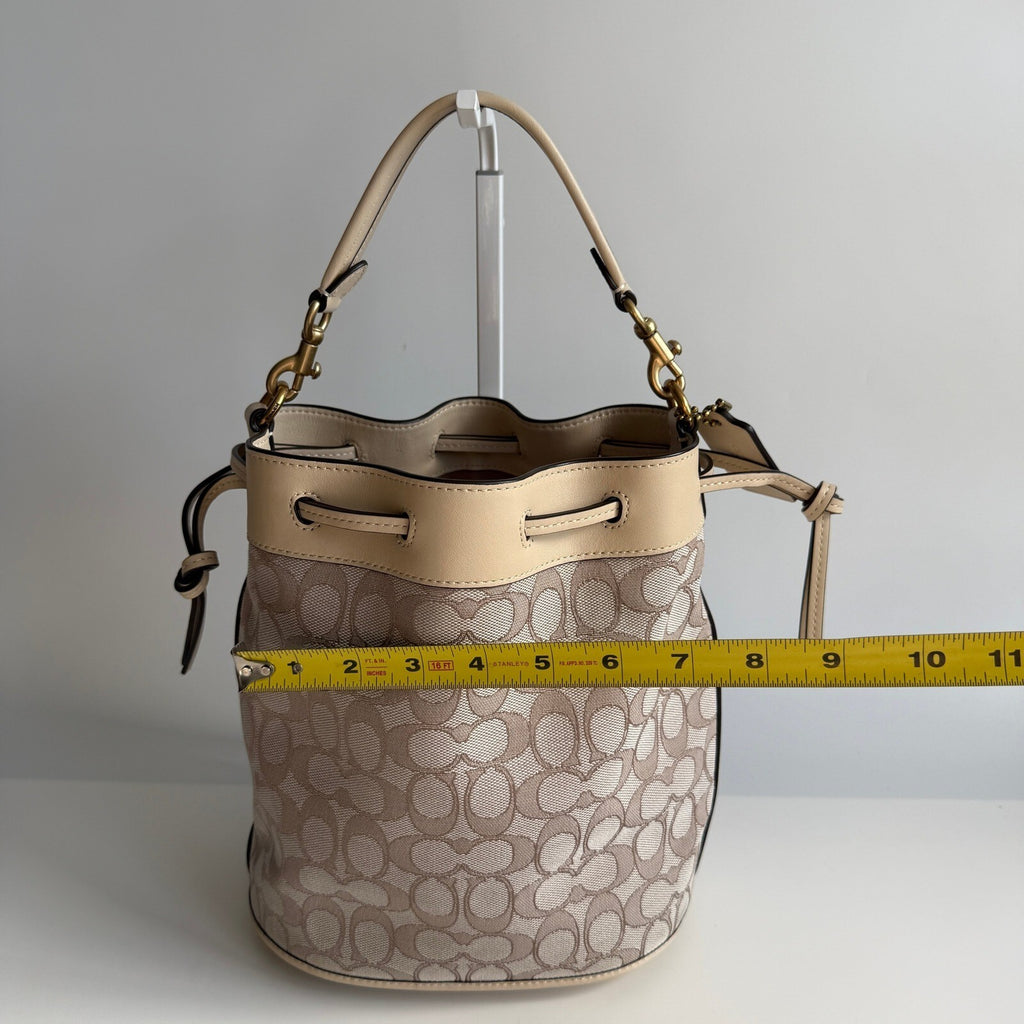 Coach Field Bucket Bag Stone Ivory Signature Jacquard Leather C3853