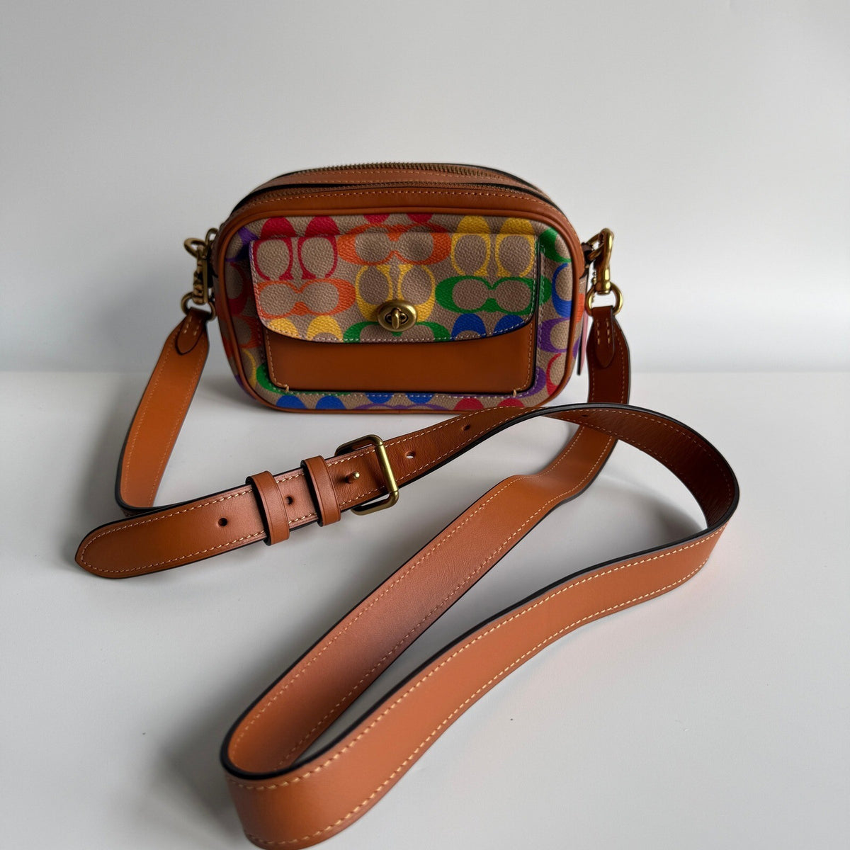Coach Pride Willow Camera Bag Rainbow Tan Multi Canvas Crossbody C5143