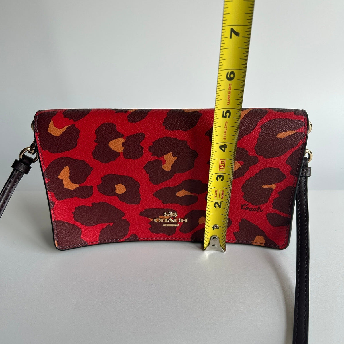 Coach Anna Foldover Red Leopard Print Leather Crossbody Clutch Bag 7301