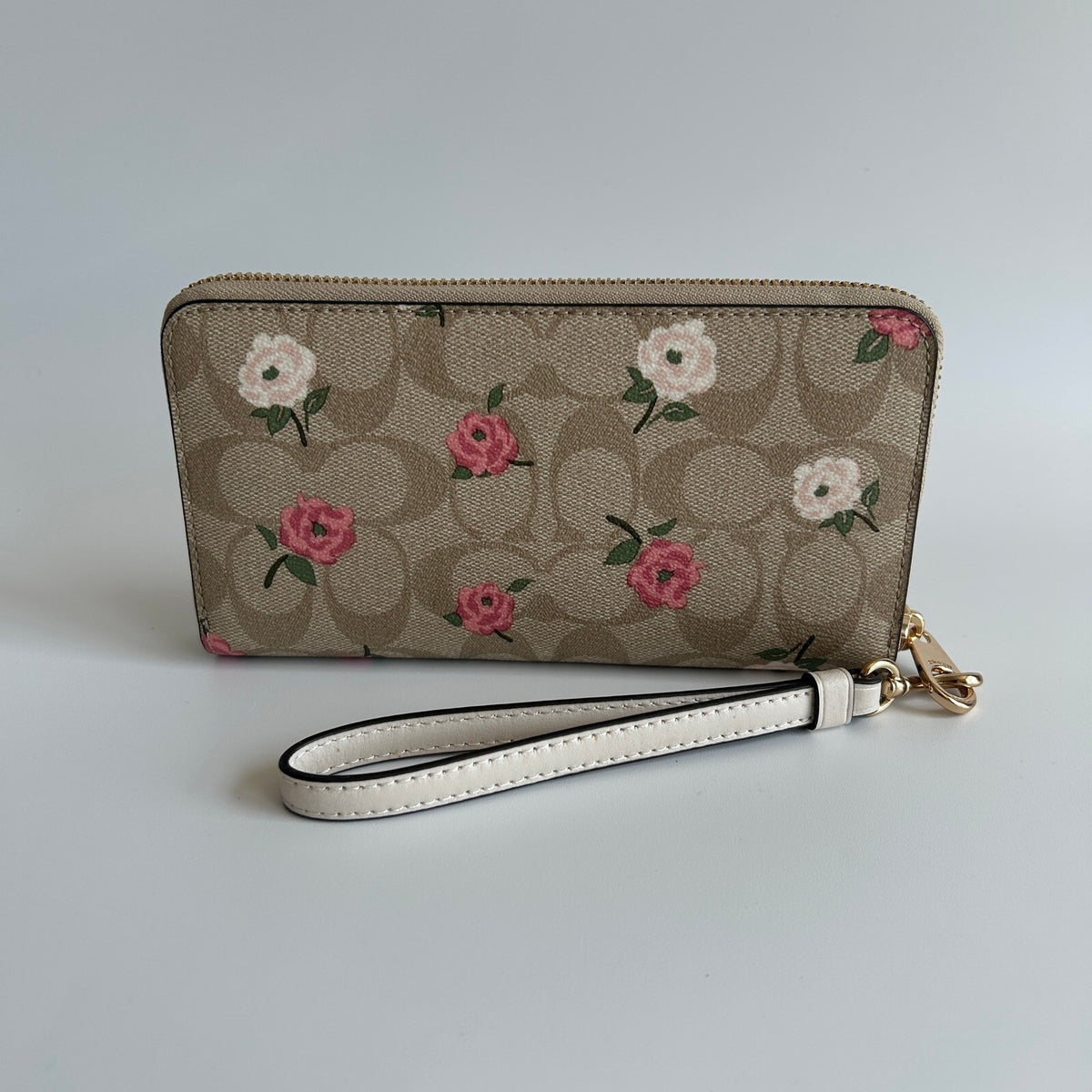 Coach Long Zip Around Wallet Khaki Multi Floral Signature Canvas C4452