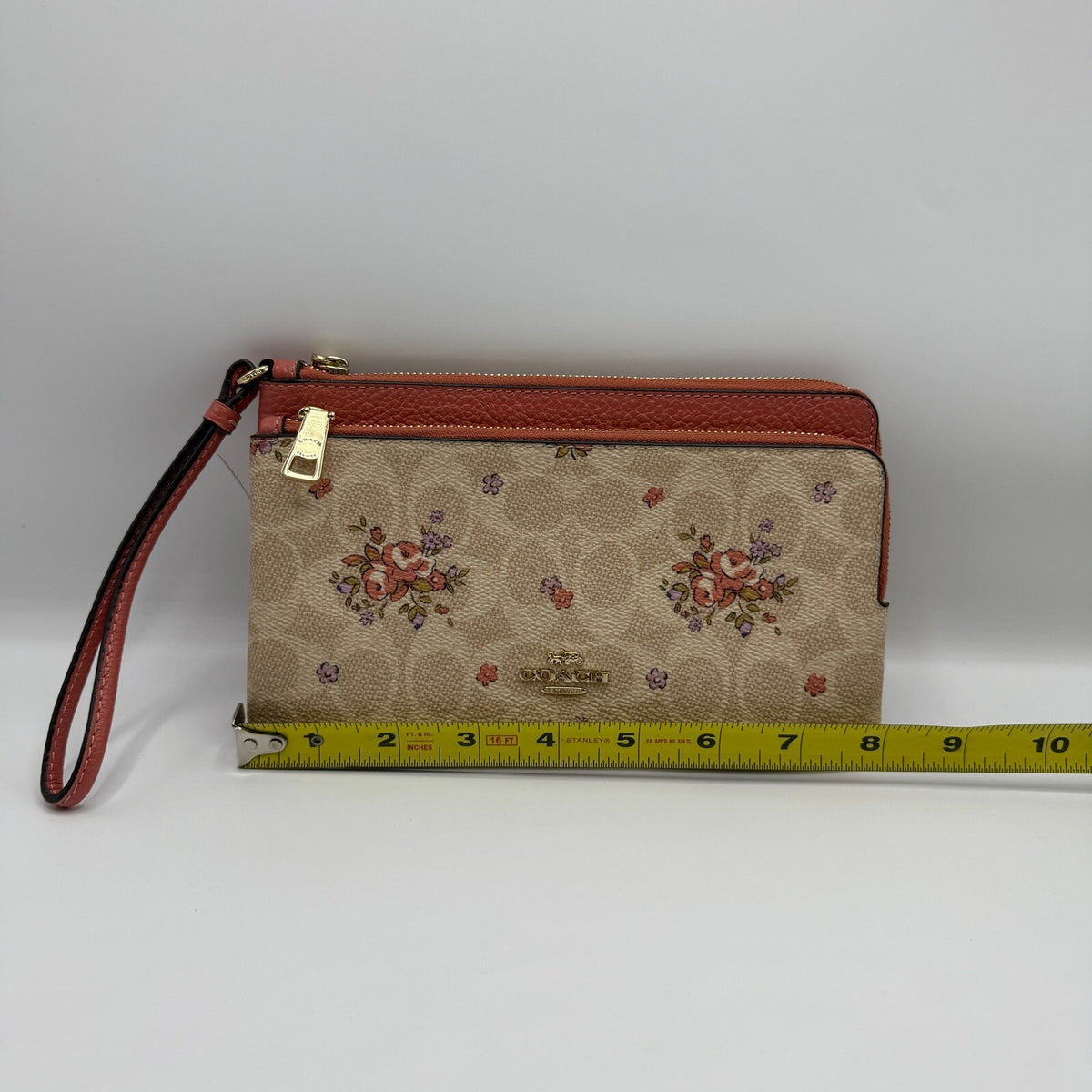 Coach Double Zip Wristlet Wallet Floral Sand Multi Signature Canvas CAY49