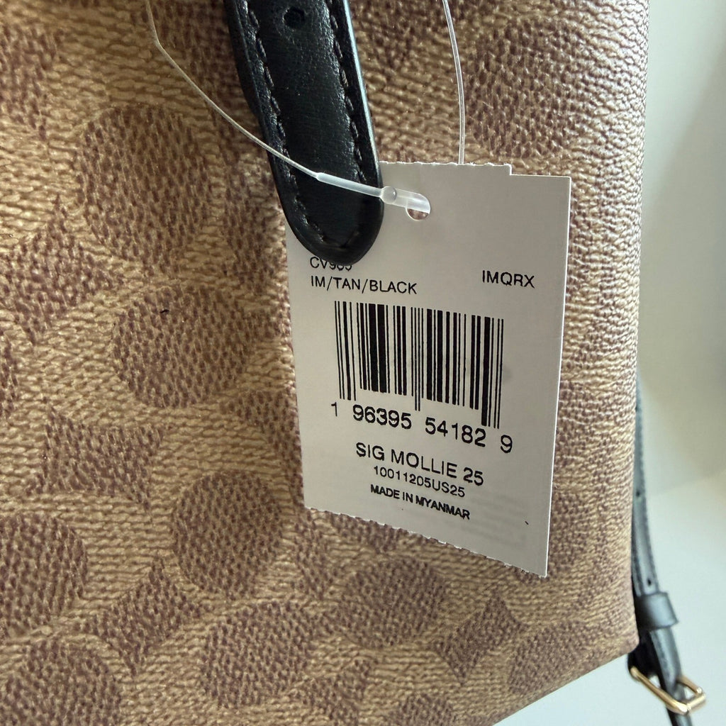 Coach Mollie Tote 25 Tan Black Signature Canvas Leather Bag CV909