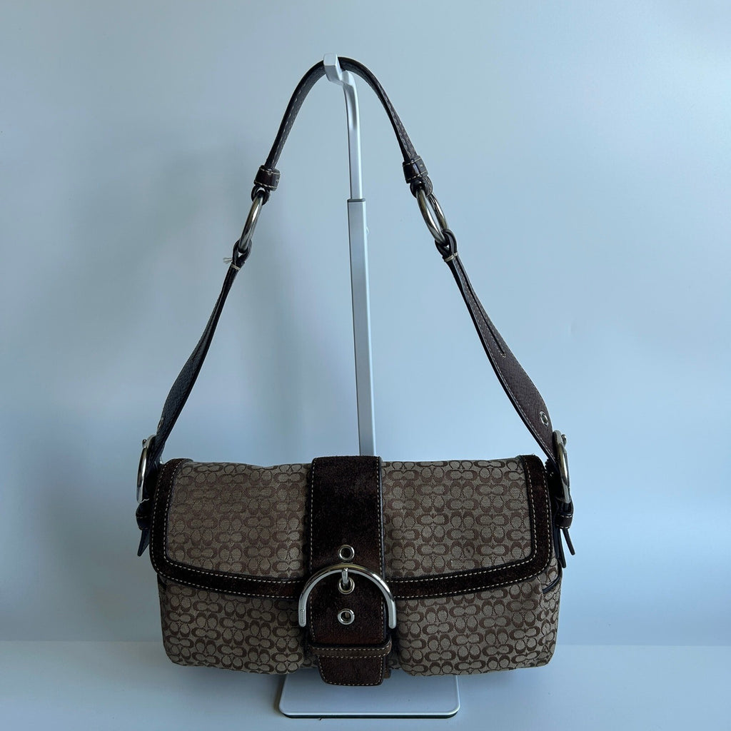 Coach Soho Brown Signature Canvas Suede Flap Bag F10925