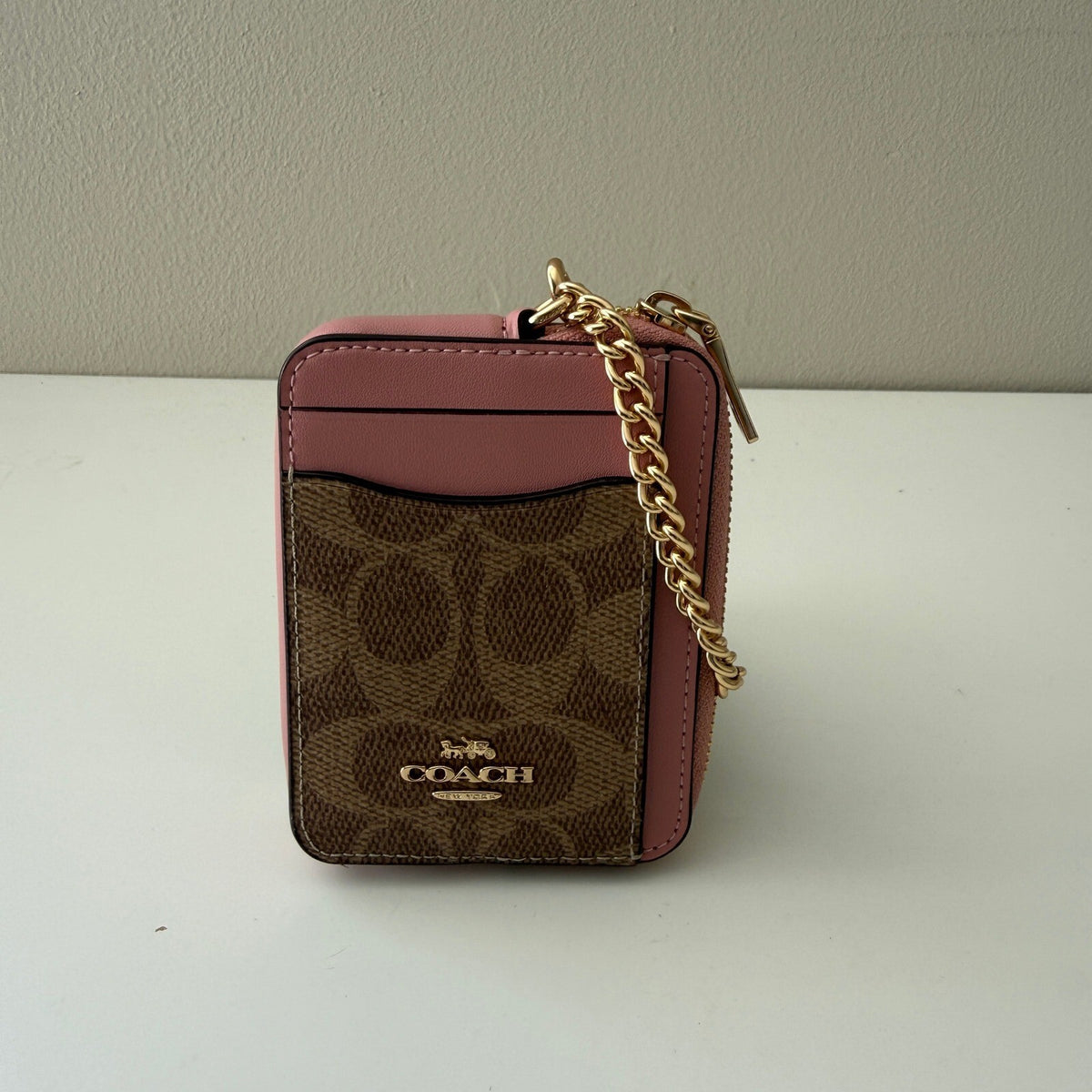 Coach Zip Card Case Tan Dusty Pink Signature Canvas CW883 Wallet
