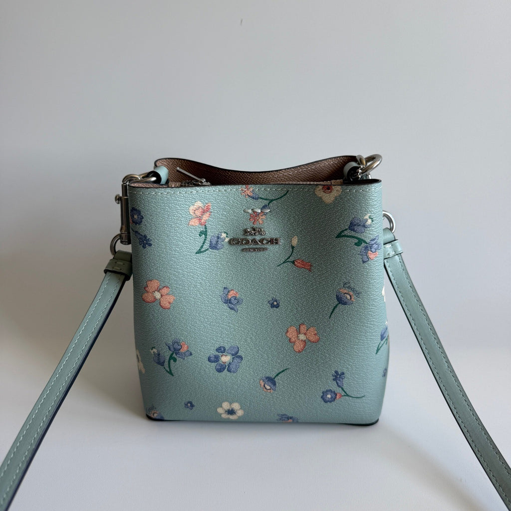 Coach Mini Town Bucket Bag Light Teal Floral Leather C8608 Crossbody