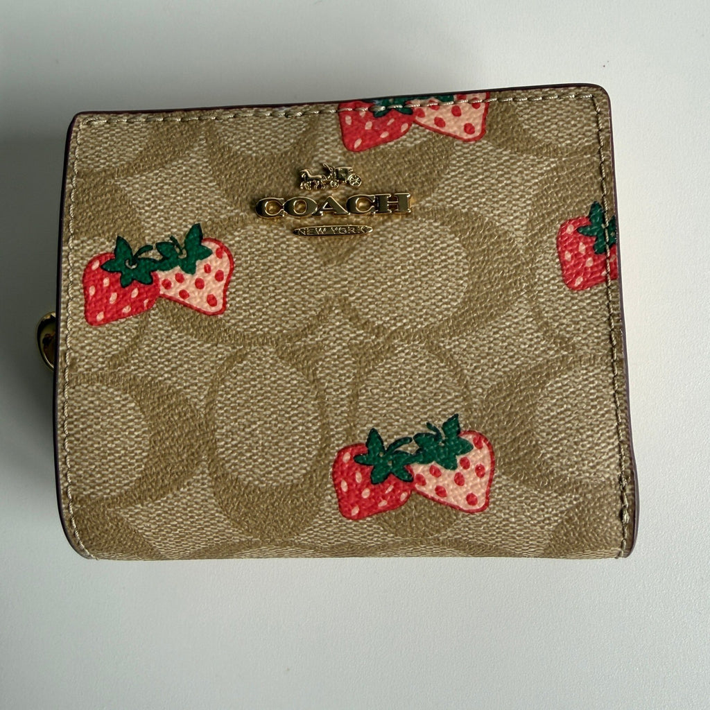 Coach Snap Wallet Wild Strawberry Khaki Multi Signature Canvas C8605