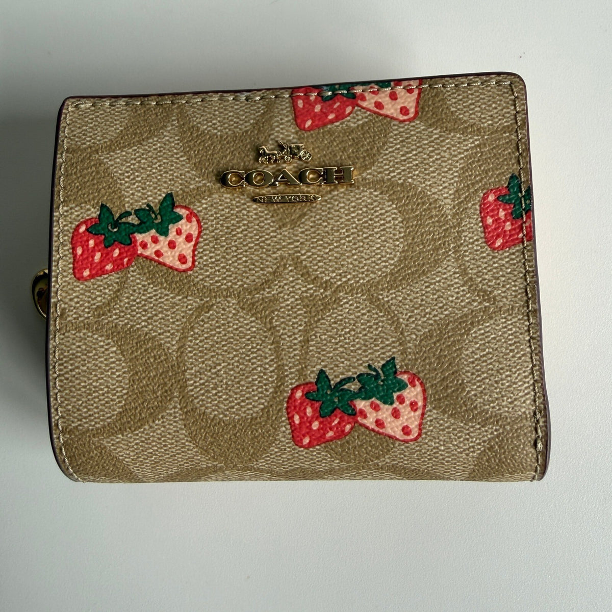 Coach Snap Wallet Wild Strawberry Khaki Multi Signature Canvas C8605