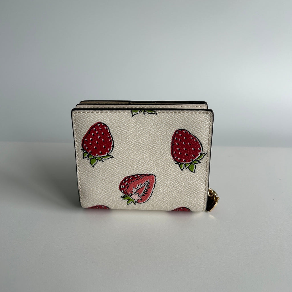 Coach Small Snap Bifold Wallet Chalk Multi Wild Strawberry Canvas Leather CAP18