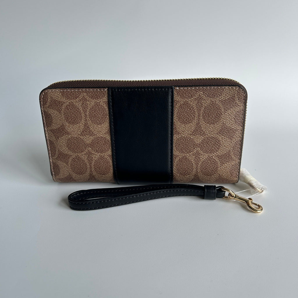 Coach Long Zip Around Tan Black Signature Canvas Leather Wallet CW947