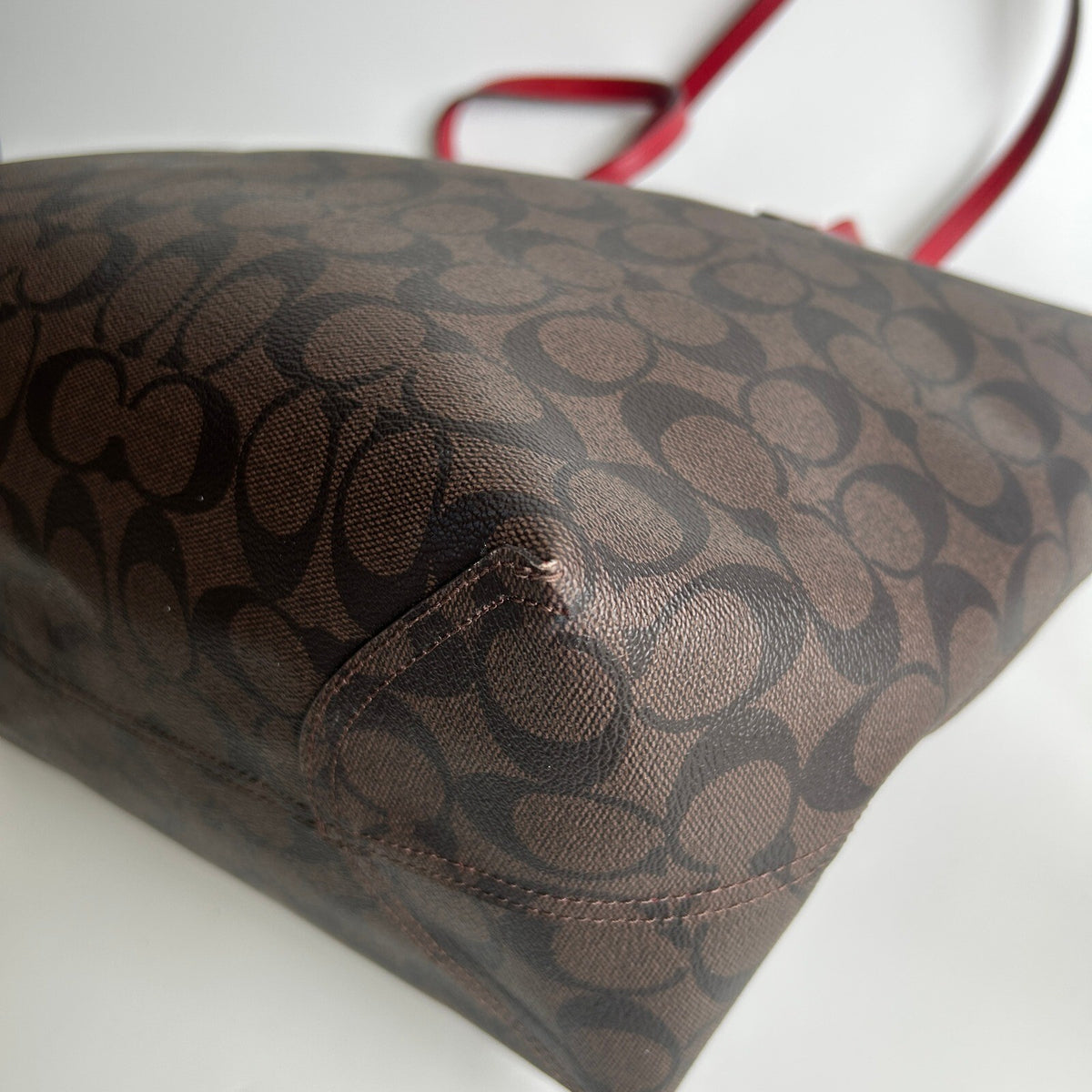 Coach City Tote Brown Red Signature Coated Canvas Bag 5696