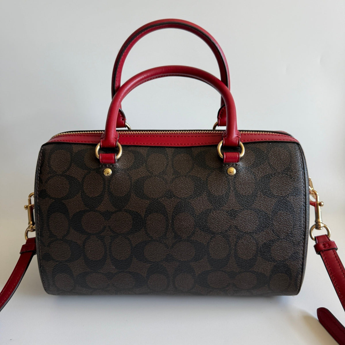Coach Rowan Satchel Brown True Red Signature Canvas Bag F83607