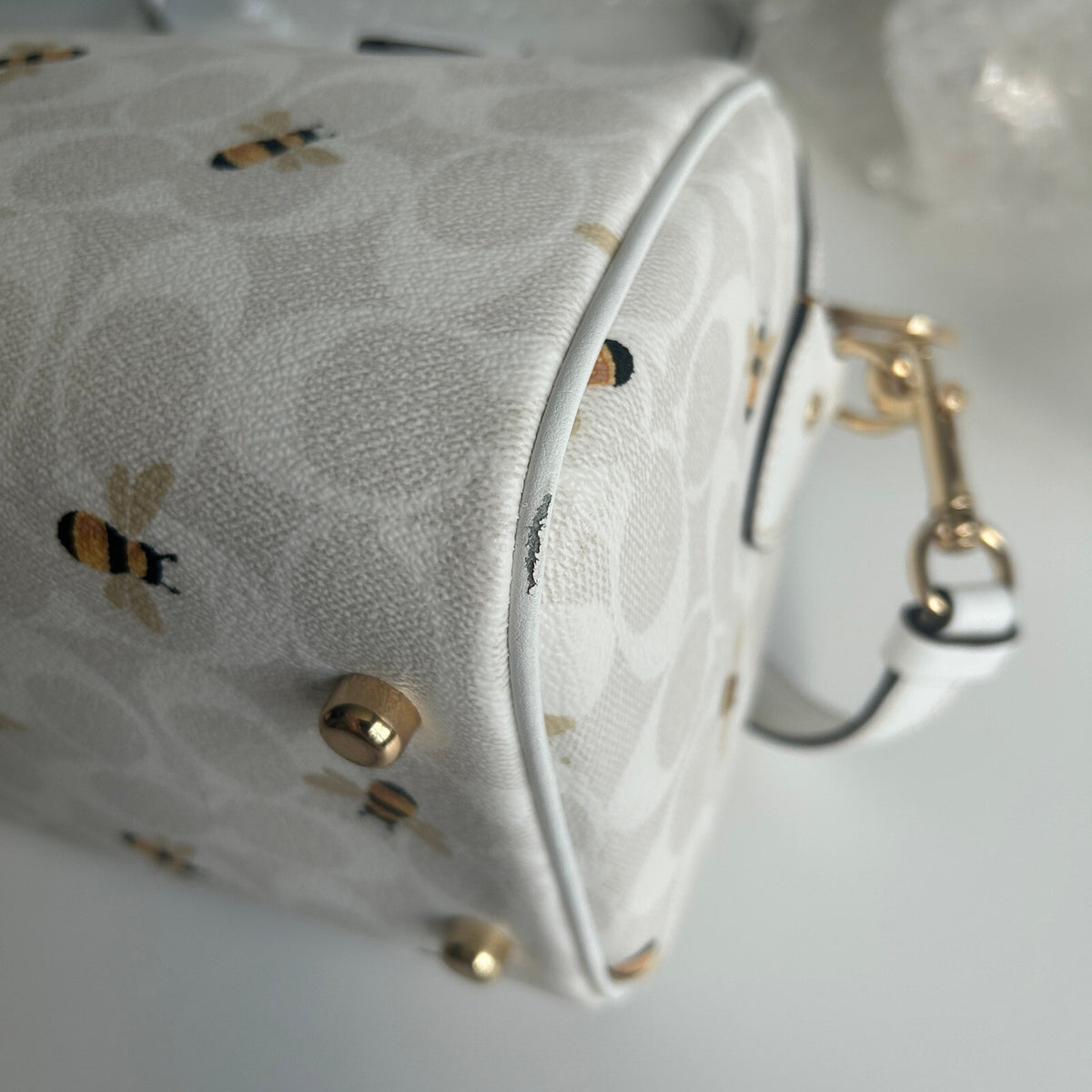 Coach Rowan Satchel Glacier White Signature Canvas Bee Print C8591
