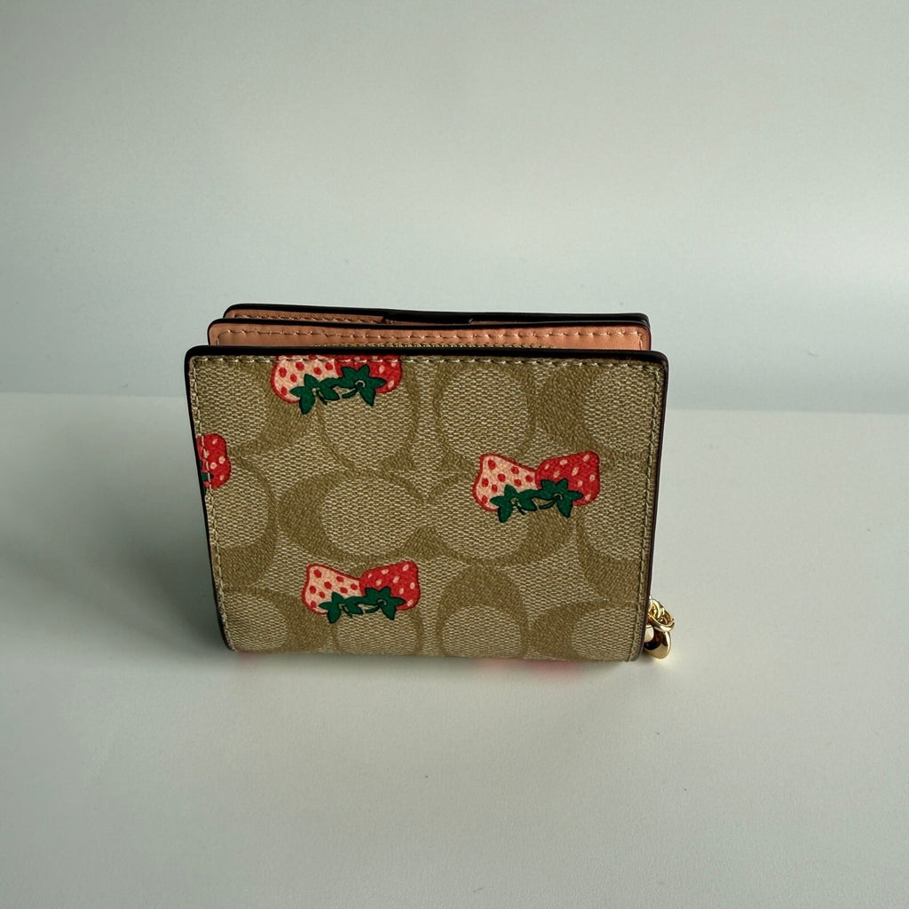Coach Snap Wallet Wild Strawberry Khaki Multi Signature Canvas C8605